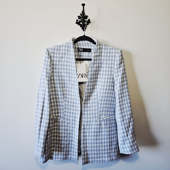 NWT Zara Houndstooth Lapelless Blazer Size L Blue White Jacket - Picture 2 of 4
